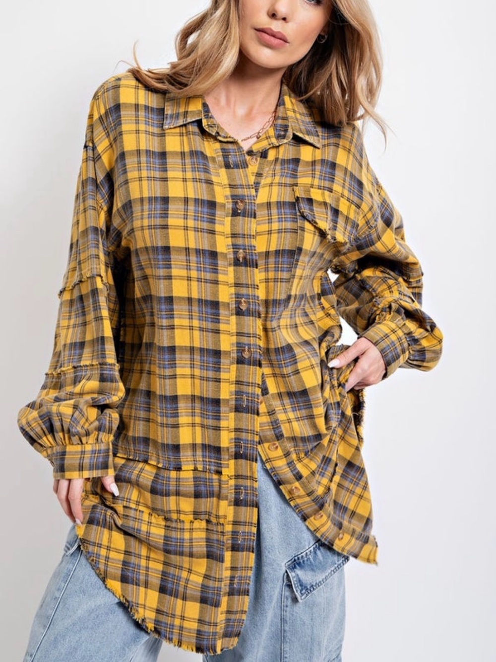Easel Yellow Plaid Oversized Shacket Button Front Distressed Flannel Top Large